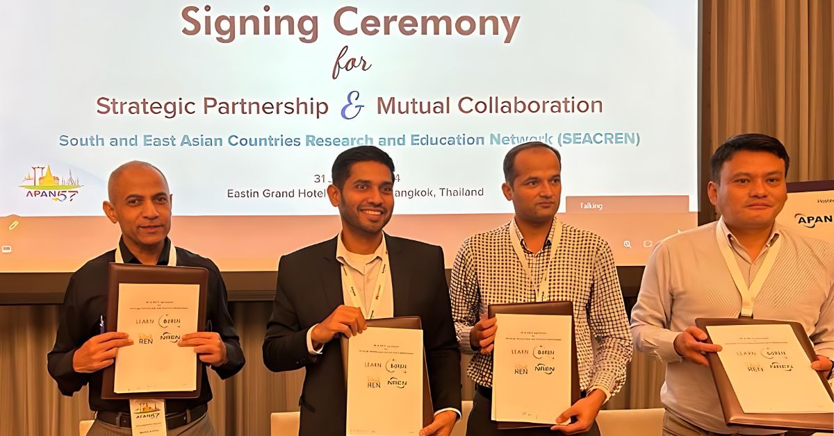 Representatives of the founding NRENs of SEACREN signed the MoU announcing the consortium at APAN57 in Bangkok, Thailand. From L to R: Mohammad Tawrit (BdREN), Prof. Roshan Ragel (LEARN), Rajan Parajuli (NREN), and Pema Dhendup (DrukREN).